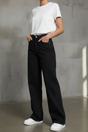 Heaven Kadın Yüksek Bel Siyah Salaş Wide Leg Jeans Geniş Paça Palazzo Kot Pantolon