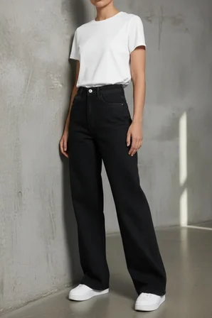 Heaven Kadın Yüksek Bel Siyah Salaş Wide Leg Jeans Geniş Paça Palazzo Kot Pantolon