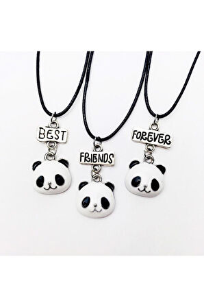 Sevimli Panda Best Friend Bff 3'lü Suni Deri Ipli Kolye