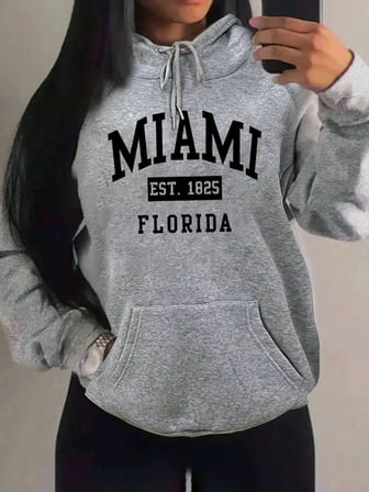 Miami Est 1825 Şehir Sanat Mektup Baskılar Kadın Hoodie Cep Streetwear Harajuku Gevşek Hoody