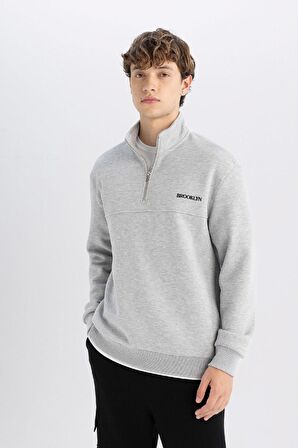 DeFacto Relax Fit Dik Yaka Baskılı Fermuarlı Kalın Kumaş Sweatshirt D2165AX24AUGR93