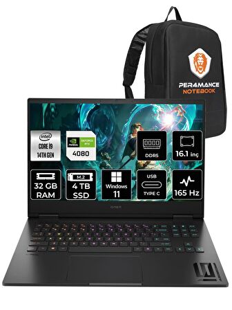 HP OMEN 16  i9-14900HX 32GB RAM 4TB SSD RTX4080/12GB 165Hz 16.1 FHD W11HOME 9J2A5EA & PER4 ÇANTA