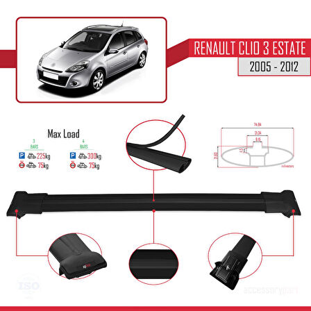 Renault Clio 3 Estate 2005-2012 Arası ile Uyumlu FLY Model Ara Atkı Tavan Barı Siyah 3 Adet