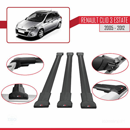 Renault Clio 3 Estate 2005-2012 Arası ile Uyumlu FLY Model Ara Atkı Tavan Barı Siyah 3 Adet