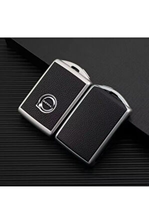 S90 Uyumlu  Anahtar Kılıfı Deri Görünümlü Siyah Gümüş