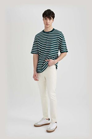 DeFacto Boxy Fit Bisiklet Yaka Çizgili Kısa Kollu Ağır Kumaş Tişört B5910AX24SPKH225