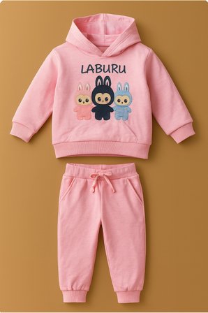 Kız Çocuk Eşofman Takımı Labubu Takım Kapüşonlu Baskılı Sweatshirt ve Pantolon