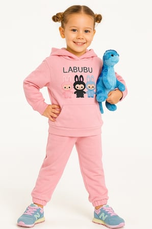 Kız Çocuk Eşofman Takımı Labubu Takım Kapüşonlu Baskılı Sweatshirt ve Pantolon