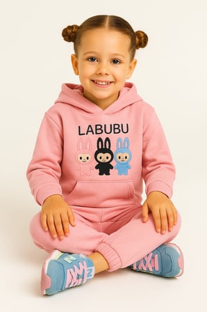 Kız Çocuk Eşofman Takımı Labubu Takım Kapüşonlu Baskılı Sweatshirt ve Pantolon