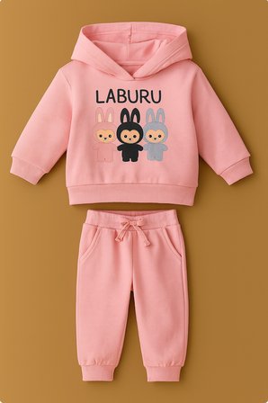 Kız Çocuk Eşofman Takımı Labubu Takım Kapüşonlu Baskılı Sweatshirt ve Pantolon