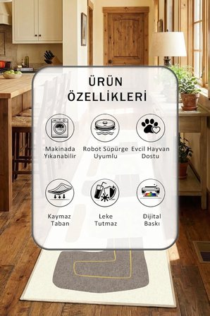 Bej Modern Mutfak Halısı Yıkanabilir Kaymaz Su İtici
