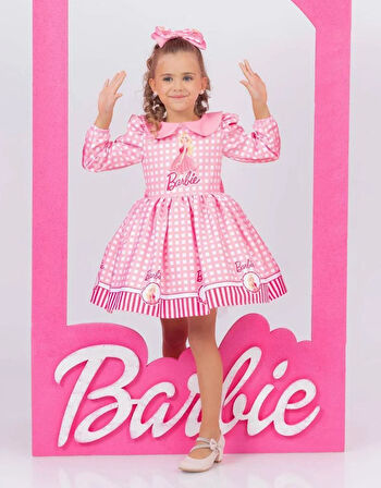 Kız Çocuk Barbie Elbisesi Bebe Yaka Uzun Kollu + Toka Hediyeli 1-8 Yaş