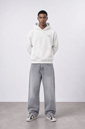 Erkek Carpet Patch Detaylı Oversize Hoodie Ekru