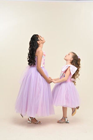 Kız Çocuk Askılı Tek Omuz Kurdele Detaylı  Payetli Tüllü Abiye Elbise 4-8 Yaş Yaş