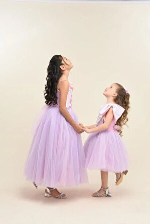 Kız Çocuk Askılı Tek Omuz Kurdele Detaylı  Payetli Tüllü Abiye Elbise 4-8 Yaş Yaş