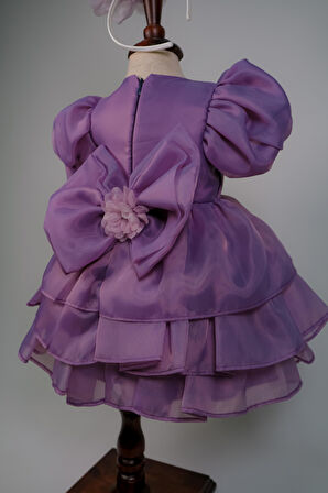 Kız Bebek Caroline Kumaş Lavanta Karpuz Kollu Kat Etekli Abiye Elbise Taç Hediyeli 1-5 Yaş