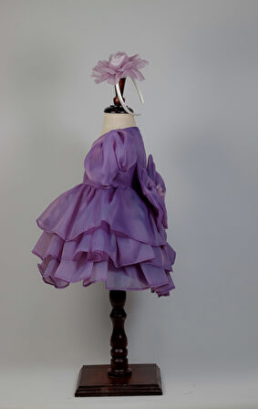 Kız Bebek Caroline Kumaş Lavanta Karpuz Kollu Kat Etekli Abiye Elbise Taç Hediyeli 1-5 Yaş