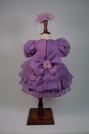 Kız Bebek Caroline Kumaş Lavanta Karpuz Kollu Kat Etekli Abiye Elbise Taç Hediyeli 1-5 Yaş