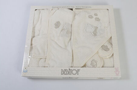 Kardeş Ayıcıklı Erkek Bornoz Set Ekru