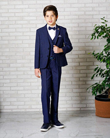 Erkek Çocuk Takım Elbise Lacivert Ceket-Yelek-Gömlek-Pantolon -Papyon 3-14 Yaş