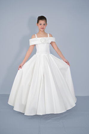 Kız Çocuk Abiye Krem Askılı  Düşük Omuz Gül Detaylı Sunsihe Kumaş  Gelinlik 2-11 Yaş