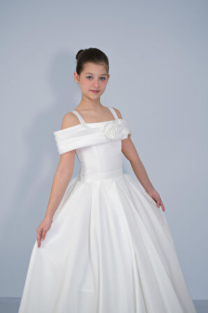 Kız Çocuk Abiye Krem Askılı  Düşük Omuz Gül Detaylı Sunsihe Kumaş  Gelinlik 2-11 Yaş