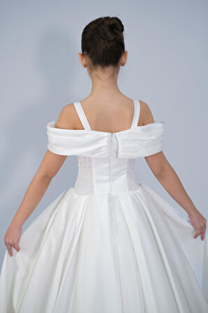 Kız Çocuk Abiye Krem Askılı  Düşük Omuz Gül Detaylı Sunsihe Kumaş  Gelinlik 2-11 Yaş