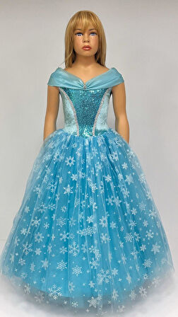 Kız Çocuk Kostüm Mavi Elsa Frozen   Düşük Omuz Detaylı Kasnaklı Kabarık Elsa Kostüm 3-8 Yaş