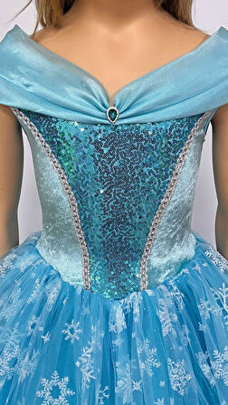 Kız Çocuk Kostüm Mavi Elsa Frozen   Düşük Omuz Detaylı Kasnaklı Kabarık Elsa Kostüm 3-8 Yaş