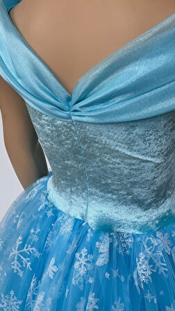 Kız Çocuk Kostüm Mavi Elsa Frozen   Düşük Omuz Detaylı Kasnaklı Kabarık Elsa Kostüm 3-8 Yaş