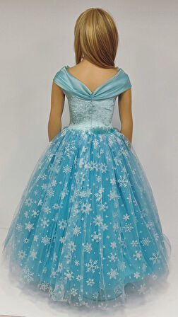 Kız Çocuk Kostüm Mavi Elsa Frozen   Düşük Omuz Detaylı Kasnaklı Kabarık Elsa Kostüm 3-8 Yaş