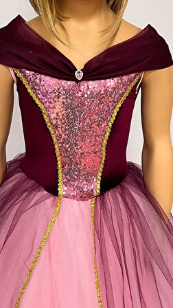 Kız Çocuk Kostüm Mor Rapunzel   Düşük Omuz Detaylı Kasnaklı Kabarık Kostüm 3-8 Yaş