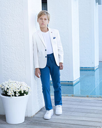 Erkek Çocuk Ekru Takım Elbise Keten Spor Takım Ceket Pantolon Tişort 3-14 Yaş