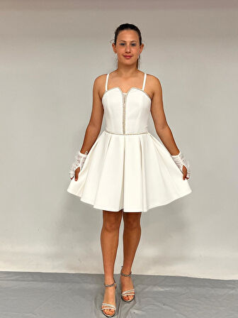 Kız Çocuk Abiye Ekru Krep Kumaş  Askılı Kordon Taş Detaylı İllüzyon YakaTül Eldivenli  Abiye Elbise 10-15 Yaş