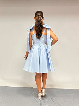 Kız Çocuk Abiye Askılı Bebe Mavi Parlak Kumaş Kısa Askısı Kurdela Detaylı Abiye Elbise 10-15 Yaş