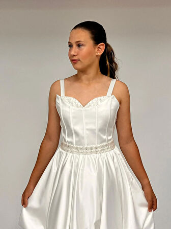 Kız Çocuk Askılı Mini Krem Pileli Payet Detaylı Kısa Balon Etek Abiye Elbise 10-15 Yaş