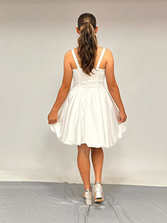 Kız Çocuk Askılı Mini Krem Pileli Payet Detaylı Kısa Balon Etek Abiye Elbise 10-15 Yaş