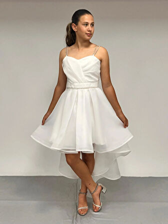 Kız Çocuk Abiye Beyaz  Taş Kordon Askılı Kalp Yaka  Kuyruklu  Şifon Abiye Elbise 10-15 Yaş