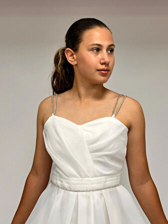 Kız Çocuk Abiye Beyaz  Taş Kordon Askılı Kalp Yaka  Kuyruklu  Şifon Abiye Elbise 10-15 Yaş