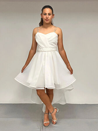 Kız Çocuk Abiye Beyaz  Taş Kordon Askılı Kalp Yaka  Kuyruklu  Şifon Abiye Elbise 10-15 Yaş