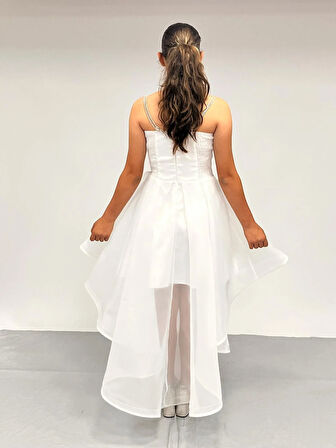 Kız Çocuk Abiye Beyaz  Taş Kordon Askılı Kalp Yaka  Kuyruklu  Şifon Abiye Elbise 10-15 Yaş