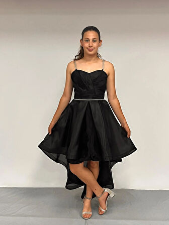 Kız Çocuk Abiye Siyah Taş Kordon Askılı Kalp Yaka  Kuyruklu  Şifon Abiye Elbise 10-15 Yaş