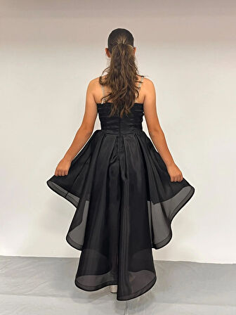 Kız Çocuk Abiye Siyah Taş Kordon Askılı Kalp Yaka  Kuyruklu  Şifon Abiye Elbise 10-15 Yaş