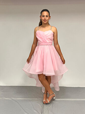 Kız Çocuk Abiye Pembe Taş Kordon Askılı Kalp Yaka  Kuyruklu  Şifon Abiye Elbise 10-15 Yaş