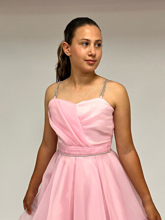 Kız Çocuk Abiye Pembe Taş Kordon Askılı Kalp Yaka  Kuyruklu  Şifon Abiye Elbise 10-15 Yaş