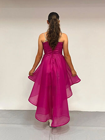 Kız Çocuk Abiye Fuşya Taş Kordon Askılı Kalp Yaka  Kuyruklu  Şifon Abiye Elbise 10-15 Yaş