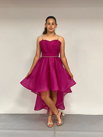 Kız Çocuk Abiye Fuşya Taş Kordon Askılı Kalp Yaka  Kuyruklu  Şifon Abiye Elbise 10-15 Yaş