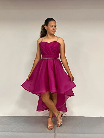 Kız Çocuk Abiye Fuşya Taş Kordon Askılı Kalp Yaka  Kuyruklu  Şifon Abiye Elbise 10-15 Yaş