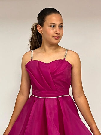 Kız Çocuk Abiye Fuşya Taş Kordon Askılı Kalp Yaka  Kuyruklu  Şifon Abiye Elbise 10-15 Yaş