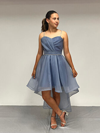 Kız Çocuk Abiye İndigoTaş Kordon Askılı Kalp Yaka  Kuyruklu  Şifon Abiye Elbise 10-15 Yaş